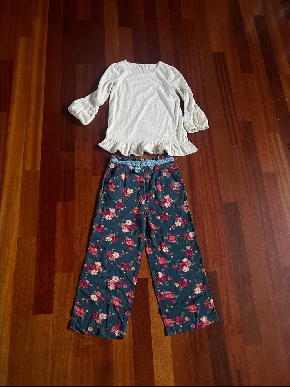 Matilda Jane Cream Ruffled Top with Navy Floral Pants